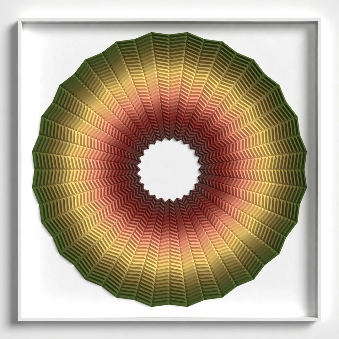 Continuum, frontal view of a framed green, yellow, and muted red concentric folded-paper relief