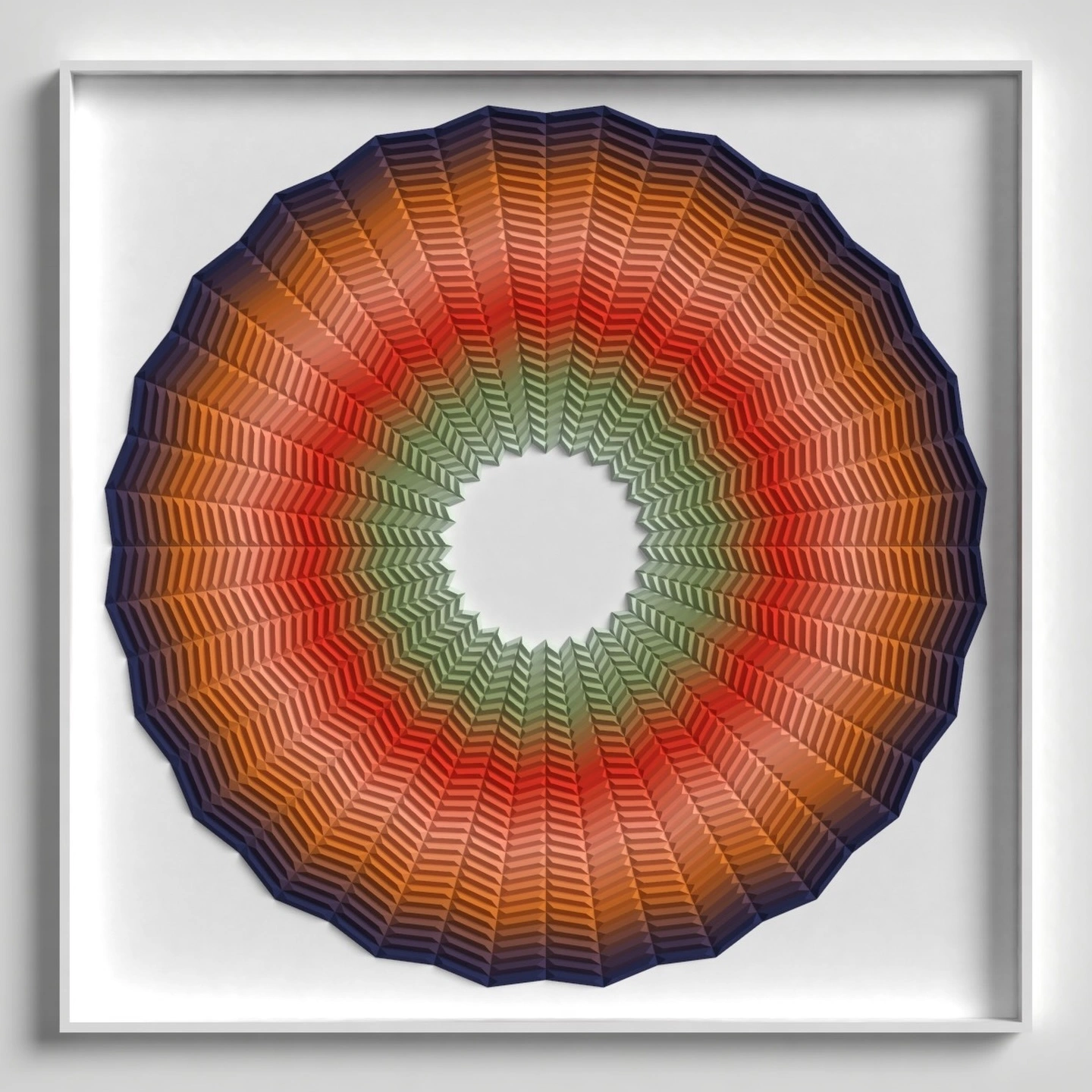 Whispers of Dawn, frontal view of a framed orange, red, and green concentric folded-paper relief with a dark violet outer edge