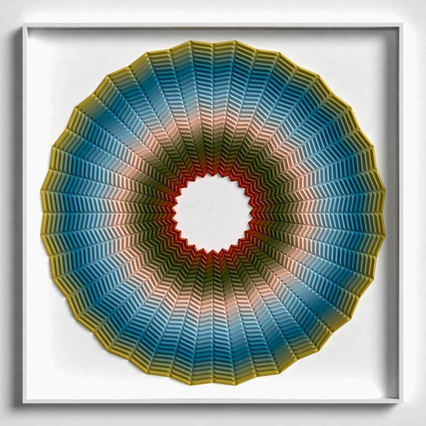 A Moment of Order, frontal view of a framed blue, cream, green, and red concentric folded-paper relief