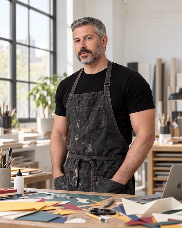 Yossi Ben Abu in an apron at a studio worktable with paper and tools